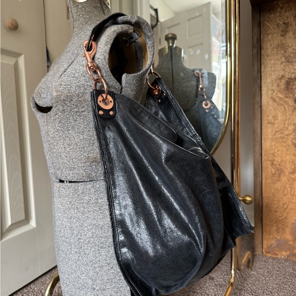 Rebecca Minkoff Black Leather Hobo Bag with rose gold studs and hardware slouchy - Picture 2 of 11